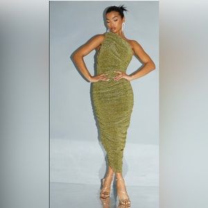 Prettylittlething Gold Glitter Plisse Ruched One Shoulder Midi Dress